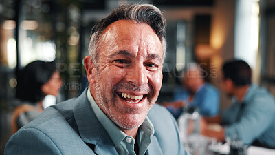 Buy stock photo Portrait, businessman and laugh in office with meeting, pride and funny joke for advertising career. Happy, mature person and team in creative agency with humor, about us or experience for marketing.