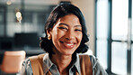 Portrait, smile and business woman in company, about us and career growth for advertising job. Happy person, media planner and marketing professional with confidence, pride and employee ambition