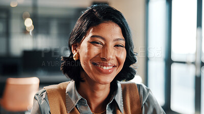Buy stock photo Portrait, smile and business woman in company, about us and career growth for advertising job. Happy person, media planner and marketing professional with confidence, pride and employee ambition
