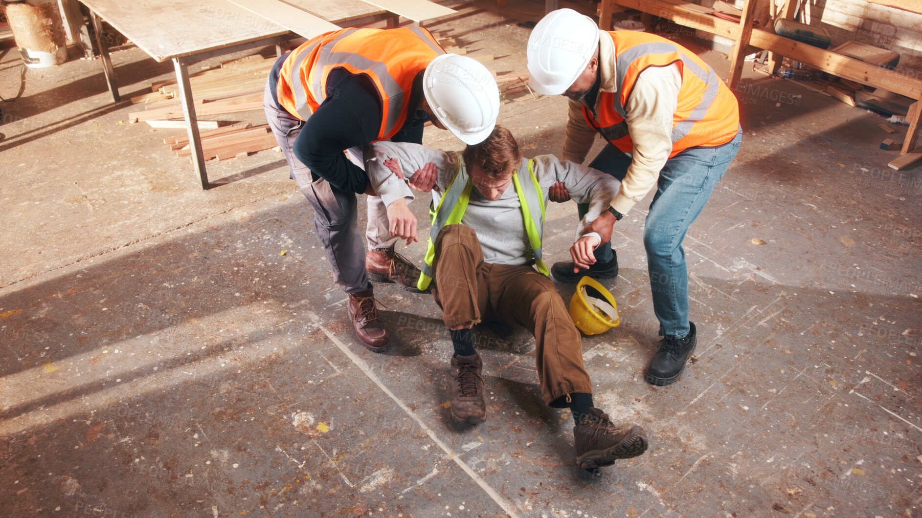 Buy stock photo Carpenter, help and man with injury in factory, safety failure and muscle tension on floor and above. Workplace, accident and person with joint pain, woodworking and colleague support in workshop