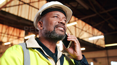 Buy stock photo Construction, phone call and happy black man in workshop for material delivery, feedback or planning. Mobile, engineer and mature person with update, building development or architecture industry