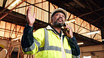 Carpenter, black man and phone call in factory for manufacturing negotiation, feedback or planning. Mobile, woodwork and mature person with update, joinery production and lumber order for supply