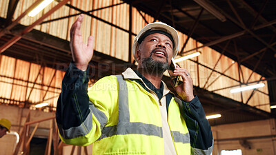 Buy stock photo Carpenter, black man and phone call in factory for manufacturing negotiation, feedback or planning. Mobile, woodwork and mature person with update, joinery production and lumber order for supply