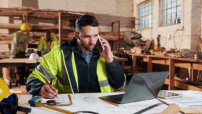 Buy stock photo Carpenter, writing and phone call in warehouse with laptop, timber order and stock checklist. Man, planning and contact at PC with clipboard, project management and lumber production price update