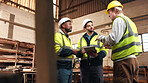 Planning, tablet and men in warehouse for woodwork, manufacturing and artisan contractor. Furniture, production and carpenter people in joinery factory with tech in workshop for inspection or storage