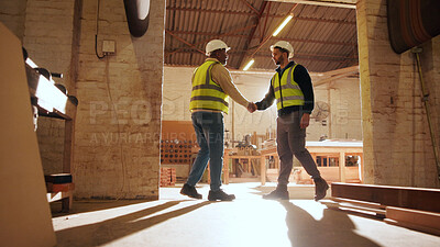 Buy stock photo Carpenter, men and shaking hands in factory for welcome, manufacturing collaboration or deal. Woodwork, agreement or handshake with people in workshop for greeting, joinery production and partnership
