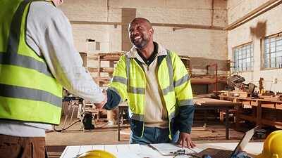 Buy stock photo Carpenter, man and shaking hands in factory for greeting, manufacturing collaboration or deal. Woodwork, smile and handshake with people in workshop for welcome, joinery production and partnership