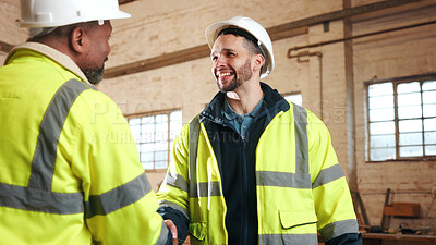 Buy stock photo Construction, men and shaking hands in workshop for welcome, renovation collaboration or deal. Engineer, smile or handshake with people for greeting, development agreement or architecture partnership