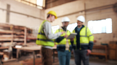 Buy stock photo Discussion, tablet and men in warehouse for woodwork, manufacturing and contractor team. Blur, production and carpenter people in joinery factory with tech for workshop, collaboration or project