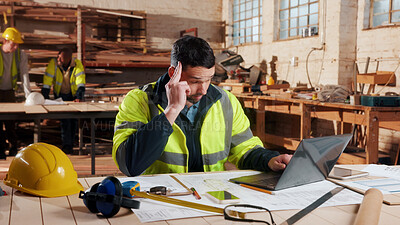 Buy stock photo Frustrated, man and laptop in warehouse for woodwork, manufacturing and contractor issue. Stress, production and carpenter person in joinery factory with tech for workshop, mistake or project