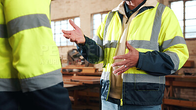 Buy stock photo Discussion, hands and people in warehouse for woodwork, manufacturing or contractor team. Furniture, production and carpenter group in joinery factory with chat in workshop, collaboration or project