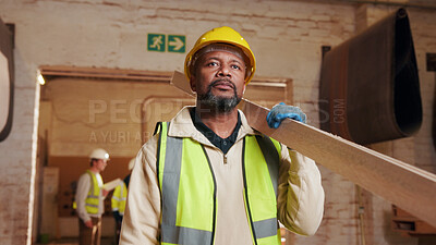 Buy stock photo Plank, man and thinking in factory for woodwork, manufacturing or lumber contractor. Furniture, production and carpenter person in joinery warehouse with beam for workshop, project or quality control