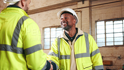 Buy stock photo Engineer, men and shaking hands in workshop for welcome, renovation collaboration or deal. Construction, smile or handshake with people for greeting, development agreement or architecture partnership