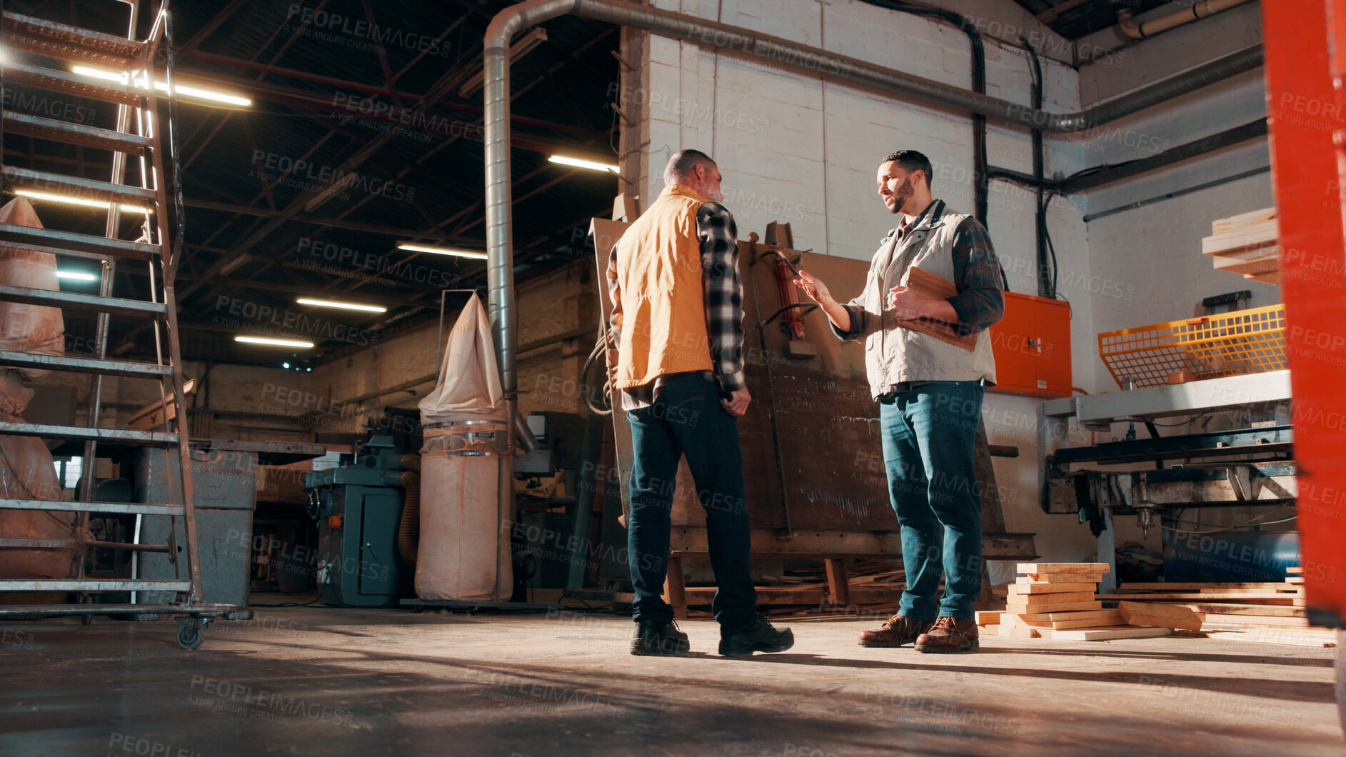 Buy stock photo Men, clipboard and discussion in lumber workshop, carpenter and supplier with timber delivery. Conversation, collaboration and people with checklist, feedback and woodworking inventory management
