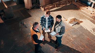 Buy stock photo Above, men and meeting in carpentry workshop, tablet and clipboard with inspector for project management. Lumber, woodworking and collaboration with team, tech and paperwork for supervisor feedback
