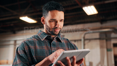 Buy stock photo Happy man, tablet and scroll in carpentry workshop, check lumber order or online inventory management. Carpenter, reading and tech for digital stock analysis or search woodworking merchandise app