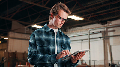 Buy stock photo Carpentry, industry and tablet with man in warehouse for management, planning or research. App, manufacturing agenda and production schedule with person in woodworking factory for furniture business