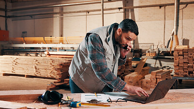 Buy stock photo Carpentry, phone call and man on laptop in workshop for planning, schedule or design quote. Warehouse, male person or carpenter with technology for woodwork or furniture production with paperwork