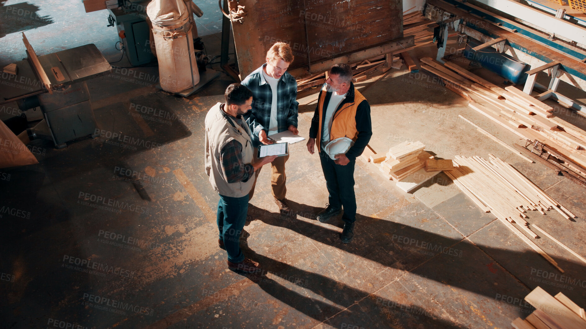 Buy stock photo People, carpenter and building discussion with tablet in workshop above for woodwork project. Top view, group or construction with contracting team for plan, carpentry design or furniture production