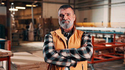 Buy stock photo Carpentry, portrait and man in factory with arms crossed, handyman or pride in manufacturing industry. Smile, ambition or mature artisan with about us, production career or confidence in woodworking.