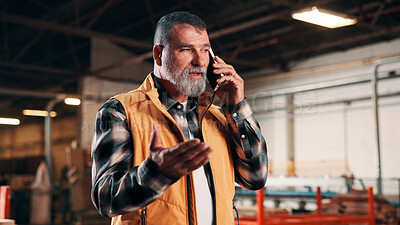 Buy stock photo Carpentry, conflict and phone call with man in warehouse for management or problem solving. Feedback, manufacturing and production with mature person in woodworking factory for mobile disagreement