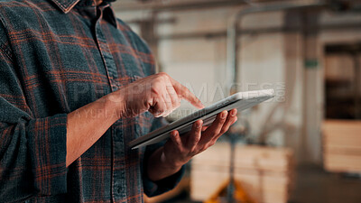 Buy stock photo Hands, tablet and scroll in carpentry factory, check lumber order or online inventory management. Person, carpenter and tech for digital stock analysis or search woodworking merchandise app for info