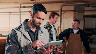 Buy stock photo Carpentry, happy and man on tablet in workshop for planning, schedule or manufacturing quote. Warehouse, male person or carpenter with technology for woodwork or furniture production with team