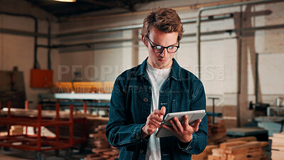 Buy stock photo Carpentry, happy and man on tablet in workshop for planning, schedule or manufacturing quote. Warehouse, male person or carpenter with technology for woodwork or furniture production with smile
