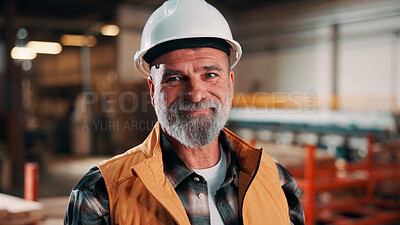 Buy stock photo Carpentry, portrait and man in workshop with helmet, handyman or ambition in manufacturing industry. Smile, hardhat or mature carpenter with about us, production career or confidence in woodworking.