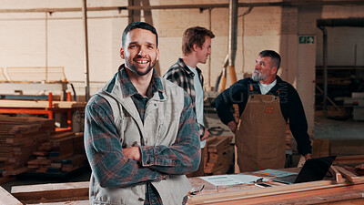 Buy stock photo Man, portrait and carpenter in factory with arms crossed, lumber production or happy for opportunity. Project manager, smile and team in workshop for about us, small business representative or timber