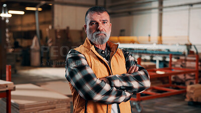 Buy stock photo Arms crossed, carpentry and portrait of man in warehouse for design, management or storage. Manufacturing, production and serious with mature person in woodworking factory for furniture business
