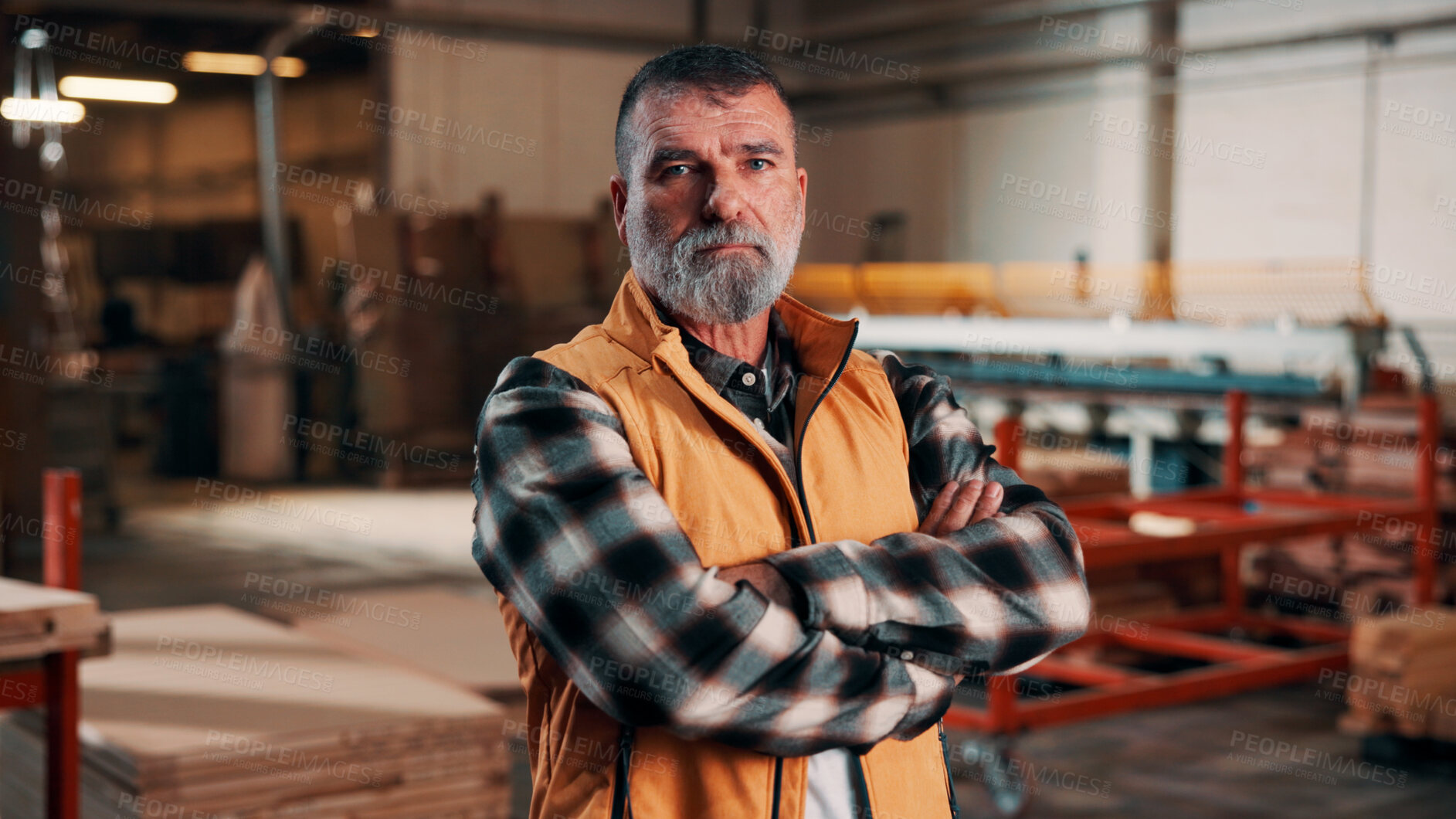 Buy stock photo Arms crossed, carpentry and portrait of man in warehouse for design, management or storage. Manufacturing, production and serious with mature person in woodworking factory for furniture business