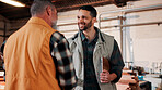 Men, clipboard and smile in lumber workshop, carpenter and supplier with timber delivery agreement. Happy, partnership or people with checklist, positive feedback and woodworking inventory management