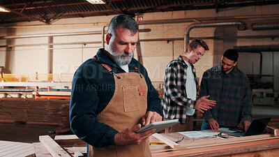 Buy stock photo Man, carpenter and design with tablet in warehouse for wood production or furniture business. Male person, artisan or checking plan with technology for lumber service or timber project in workshop