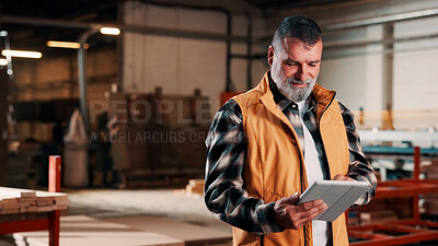 Buy stock photo Man, tablet and scroll in carpentry workshop, check lumber order or online inventory management. Mature, carpenter and tech for digital stock analysis or search woodworking merchandise app for info