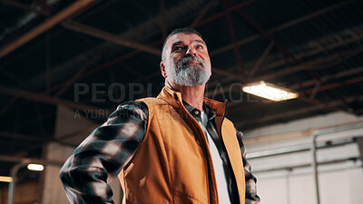 Buy stock photo Carpentry, industry and thinking with man in warehouse for management, planning or vision. Ideas, manufacturing and production with mature person in woodworking factory for furniture business