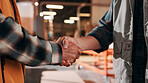 Carpenter, team or warehouse with handshake for wood production, deal or partnership together. Carpentry, people or shaking hands with thank you for timber distribution or lumber service in workshop