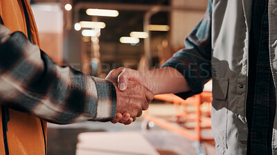 Buy stock photo Carpenter, team or warehouse with handshake for wood production, deal or partnership together. Carpentry, people or shaking hands with thank you for timber distribution or lumber service in workshop