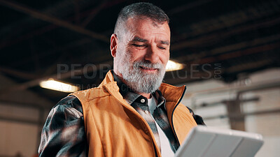 Buy stock photo Man, tablet and reading with smile in factory, check order or online inventory management. Mature, supervisor and tech for digital stock analysis or search merchandise app or website for information