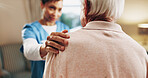 Caregiver, support and comfort for old person in nursing home, retirement and sympathy with gesture. Assisted living, nurse and empathy for senior patient, trust and elderly care in house and help