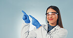 Science, portrait or woman with point, presentation list or safety instruction on lab guidelines. Goggles, mockup or scientist with steps, compliance advice or medical info on studio background.