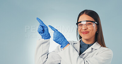 Buy stock photo Science, portrait or woman with point, presentation list or safety instruction on lab guidelines. Goggles, mockup or scientist with steps, compliance advice or medical info on studio background.