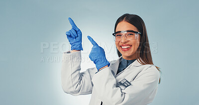 Buy stock photo Science, portrait or happy woman with point, presentation list or safety instruction on lab guidelines. Goggles, mockup or scientist with steps, compliance advice or medical info on studio background
