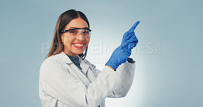 Buy stock photo Scientist, portrait or woman with point, presentation list or safety instruction on lab guideline. Happy, mockup space or researcher with steps, compliance advice or medical info on studio background