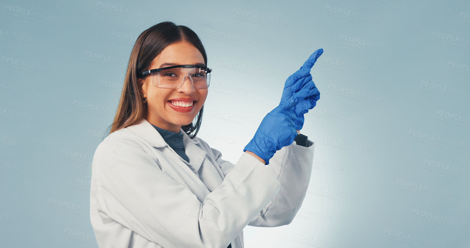 Buy stock photo Scientist, portrait or woman with point, presentation list or safety instruction on lab guideline. Happy, mockup space or researcher with steps, compliance advice or medical info on studio background