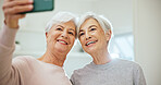 Selfie, happy and senior women in home with bonding, memory or social media post together. Smile, connection and elderly friends in retirement with photography picture for support, love and care.