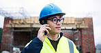 Civil engineer, phone call and man at construction site, building development or coordination. Mobile, male person and conversation for architecture project, progress update or communication outdoor