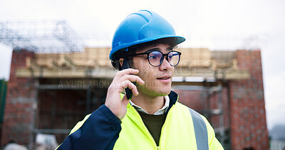 Buy stock photo Civil engineer, phone call and man at construction site, building development or coordination. Mobile, male person and conversation for architecture project, progress update or communication outdoor