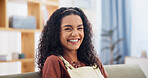 Portrait, woman and relax at house with smile, peace and calm morning for weekend break. Happy, female person or rest in home with eyes closed, comfortable and unwind in living room for stress relief
