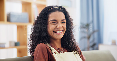 Buy stock photo Portrait, woman and relax at house with smile, peace and calm morning for weekend break. Happy, female person or rest in home with eyes closed, comfortable and unwind in living room for stress relief